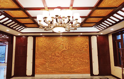 饶阳中式别墅客厅中式木作横梁吊顶装饰展示